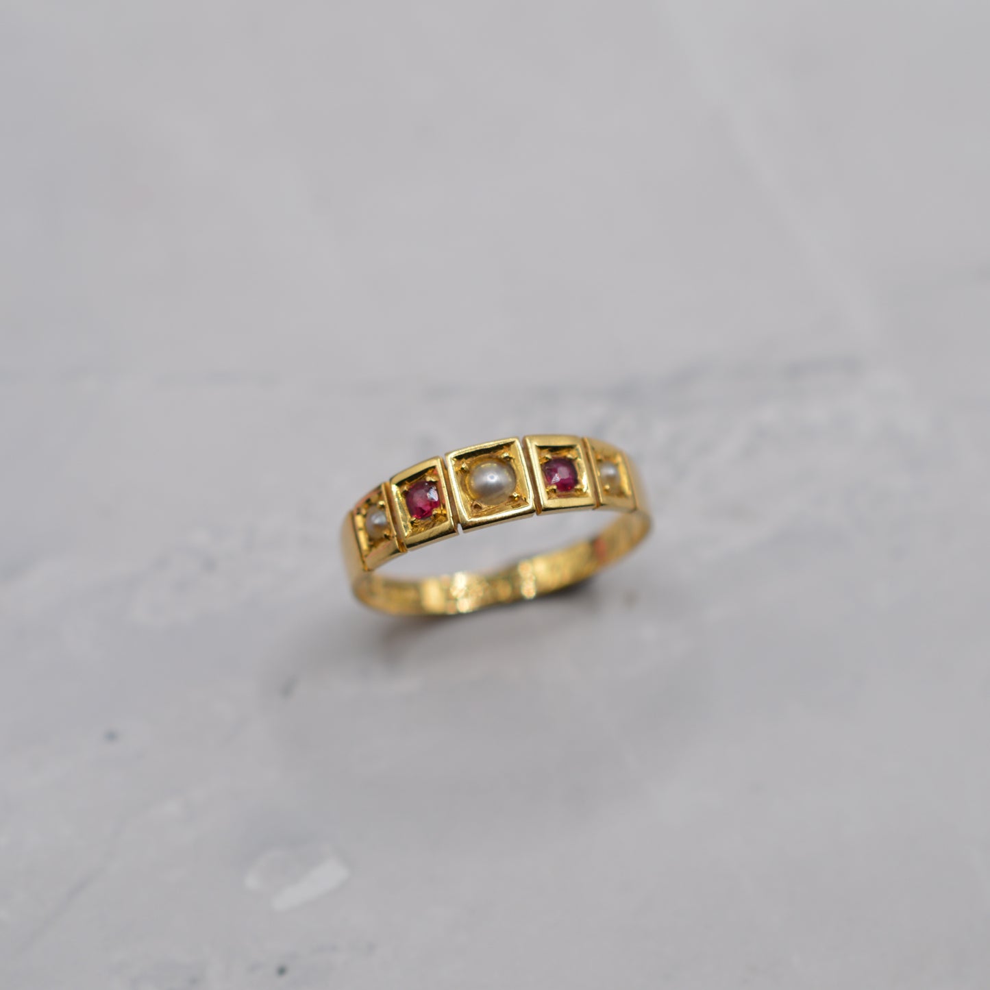 Antique 1897 18ct Gold Ruby & Pearl Five-Stone Ring