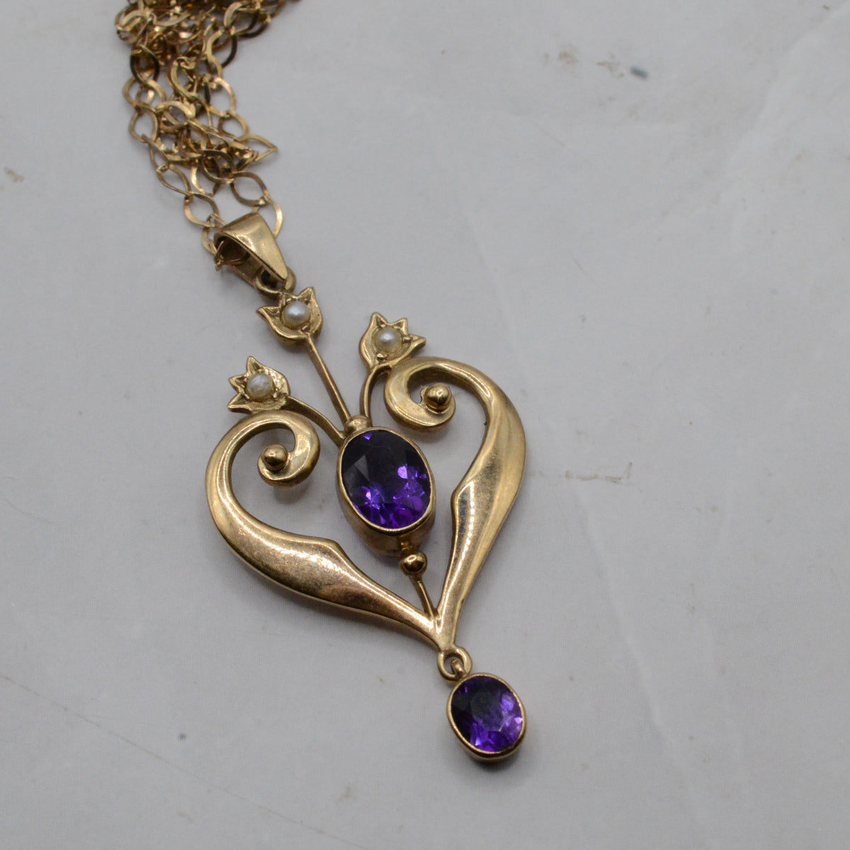 1990s 9ct Gold Amethyst & Pearl Lavalier Pendant Necklace (18")