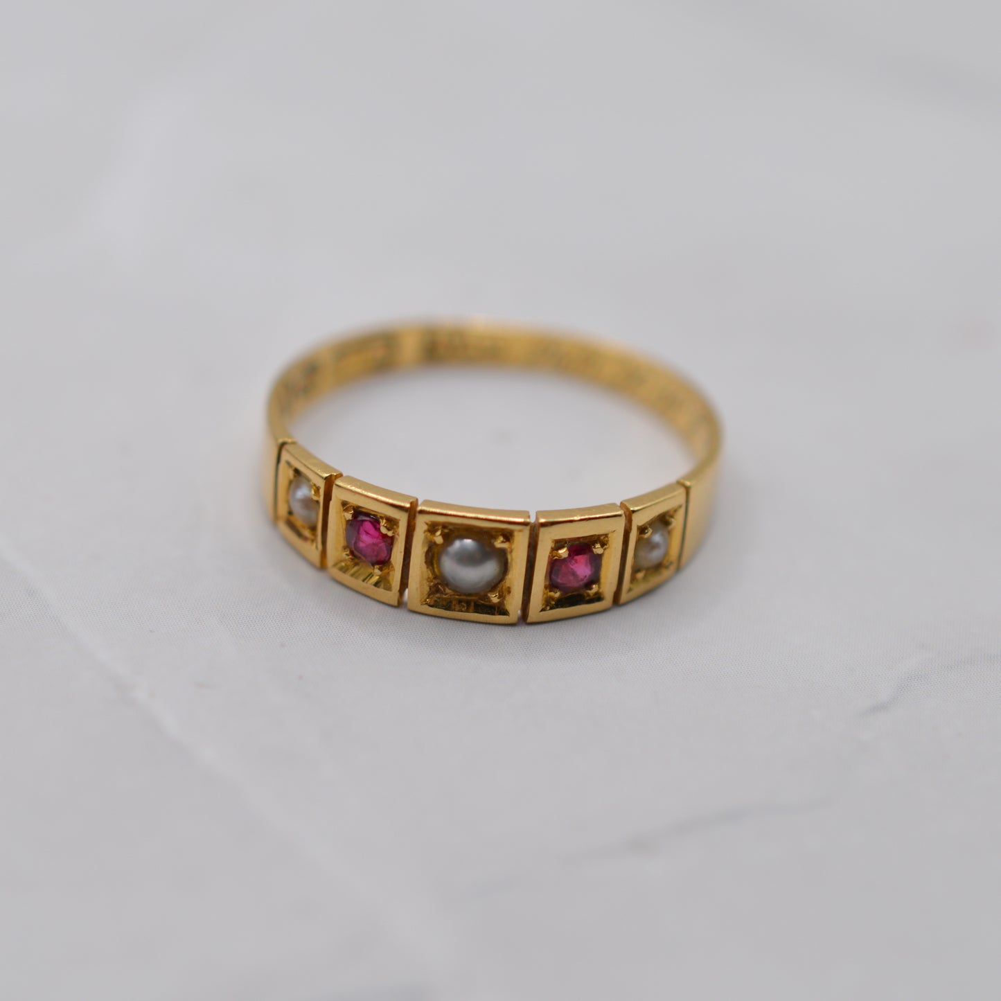 Antique 1897 18ct Gold Ruby & Pearl Five-Stone Ring