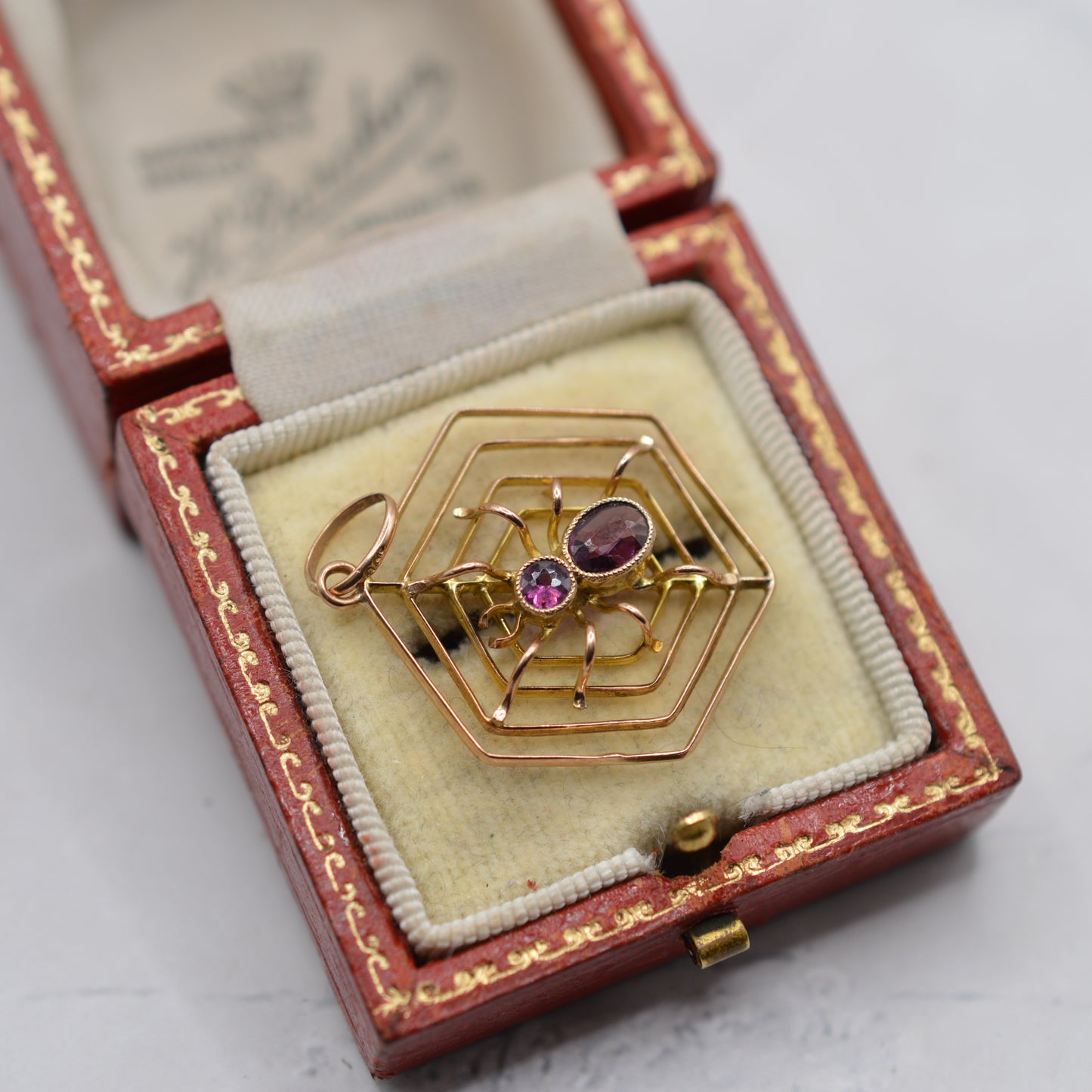 Antique 9ct Gold Pink Tourmaline Spider Web Pendant