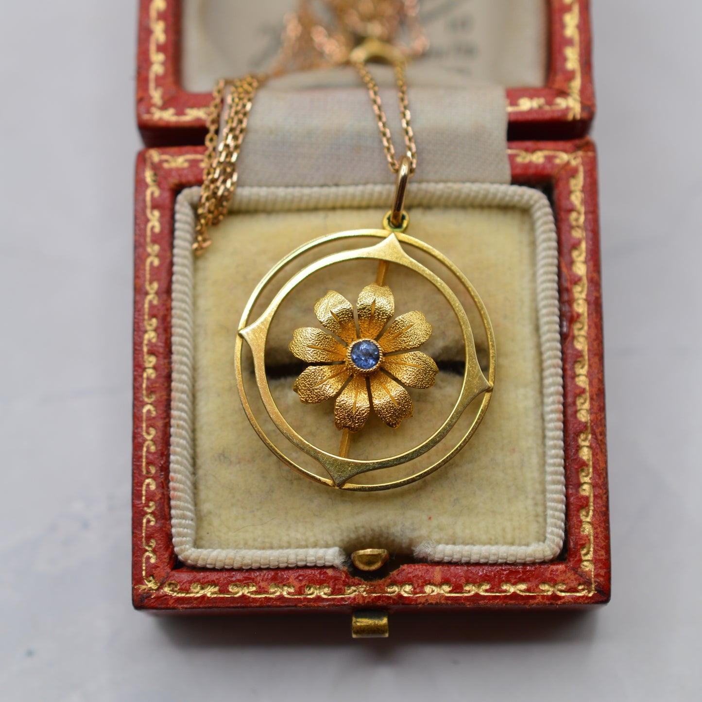 Antique Edwardian 15ct Sapphire Floral Pendant on 9ct Gold Chain (16”)
