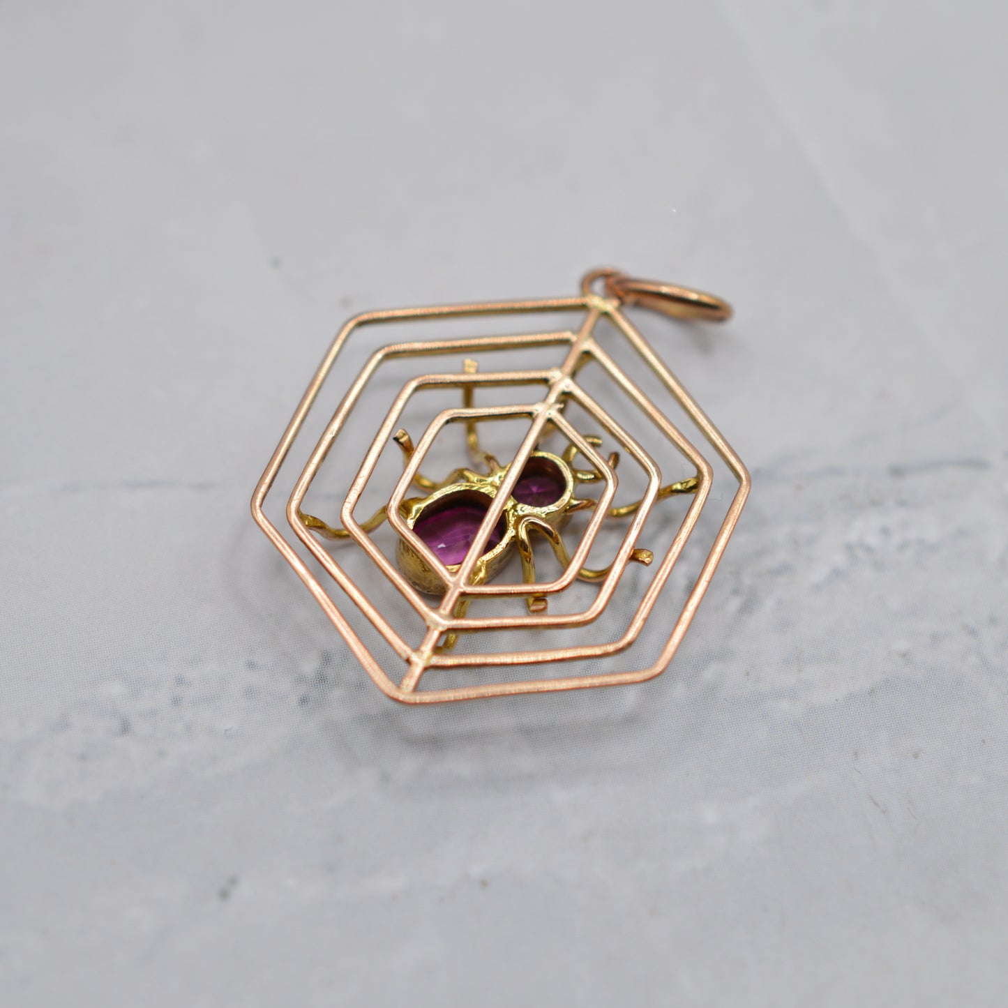 Antique 9ct Gold Pink Tourmaline Spider Web Pendant