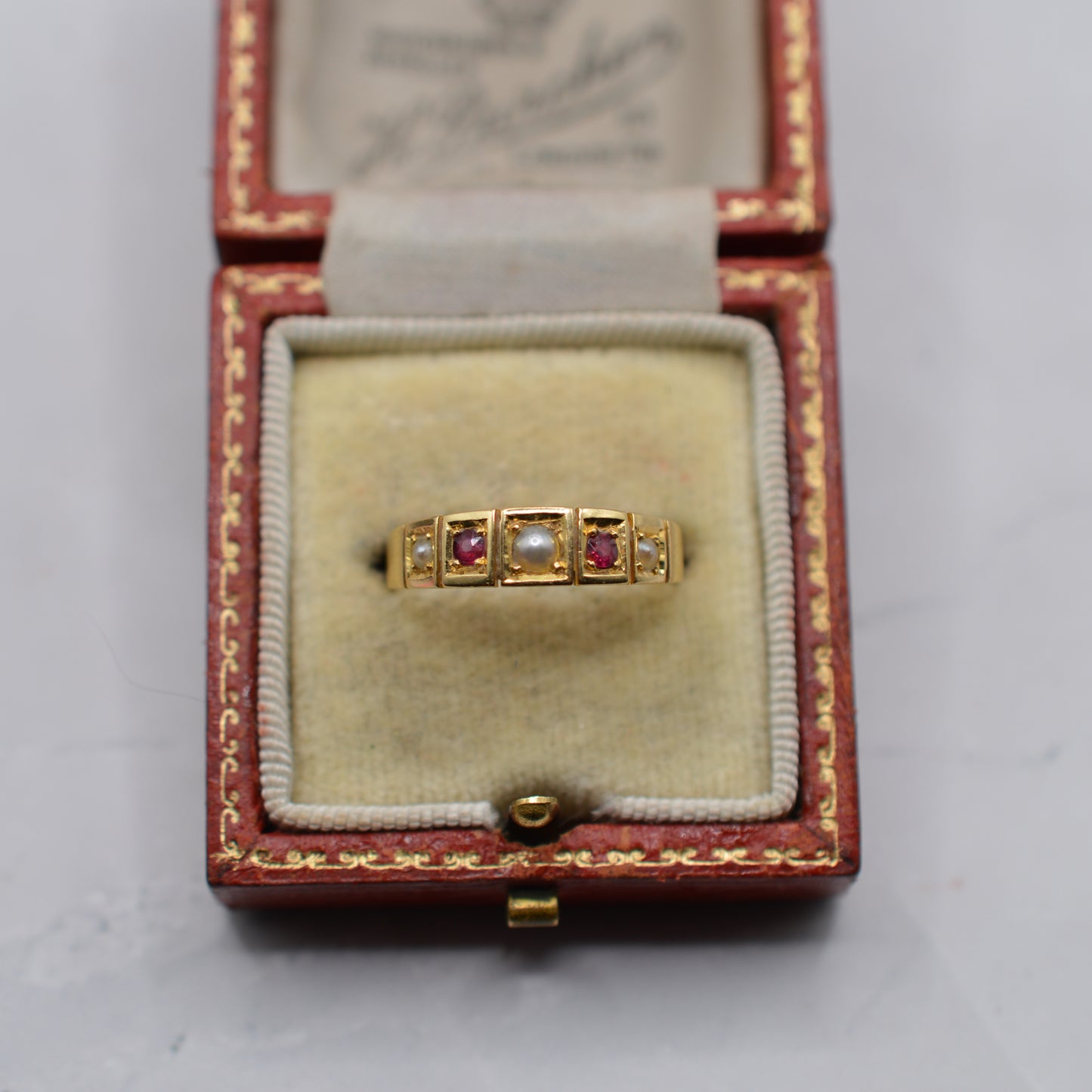Antique 1897 18ct Gold Ruby & Pearl Five-Stone Ring