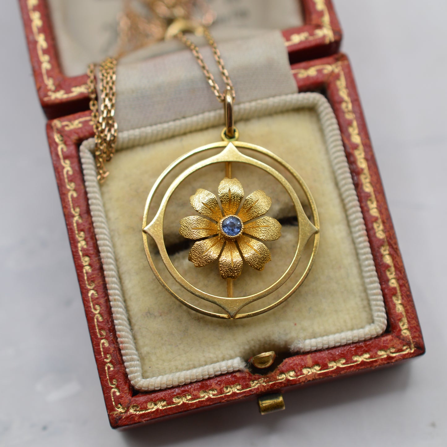 Antique Edwardian 15ct Sapphire Floral Pendant on 9ct Gold Chain (16”)