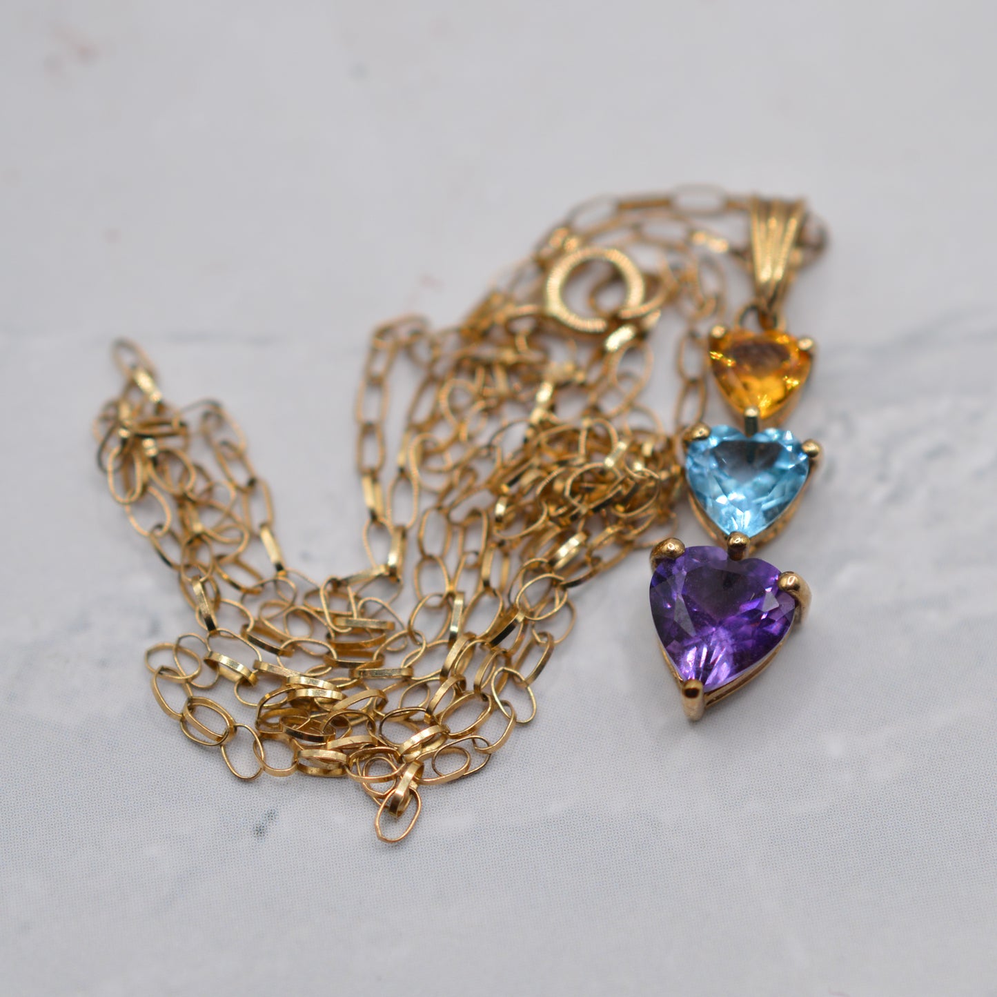 9ct Gold Heart Citrine, Topaz, and Amethyst Trilogy Pendant Necklace