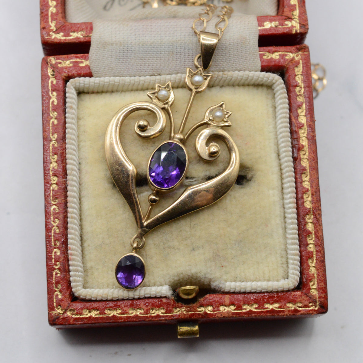 1990s 9ct Gold Amethyst & Pearl Lavalier Pendant Necklace (18")