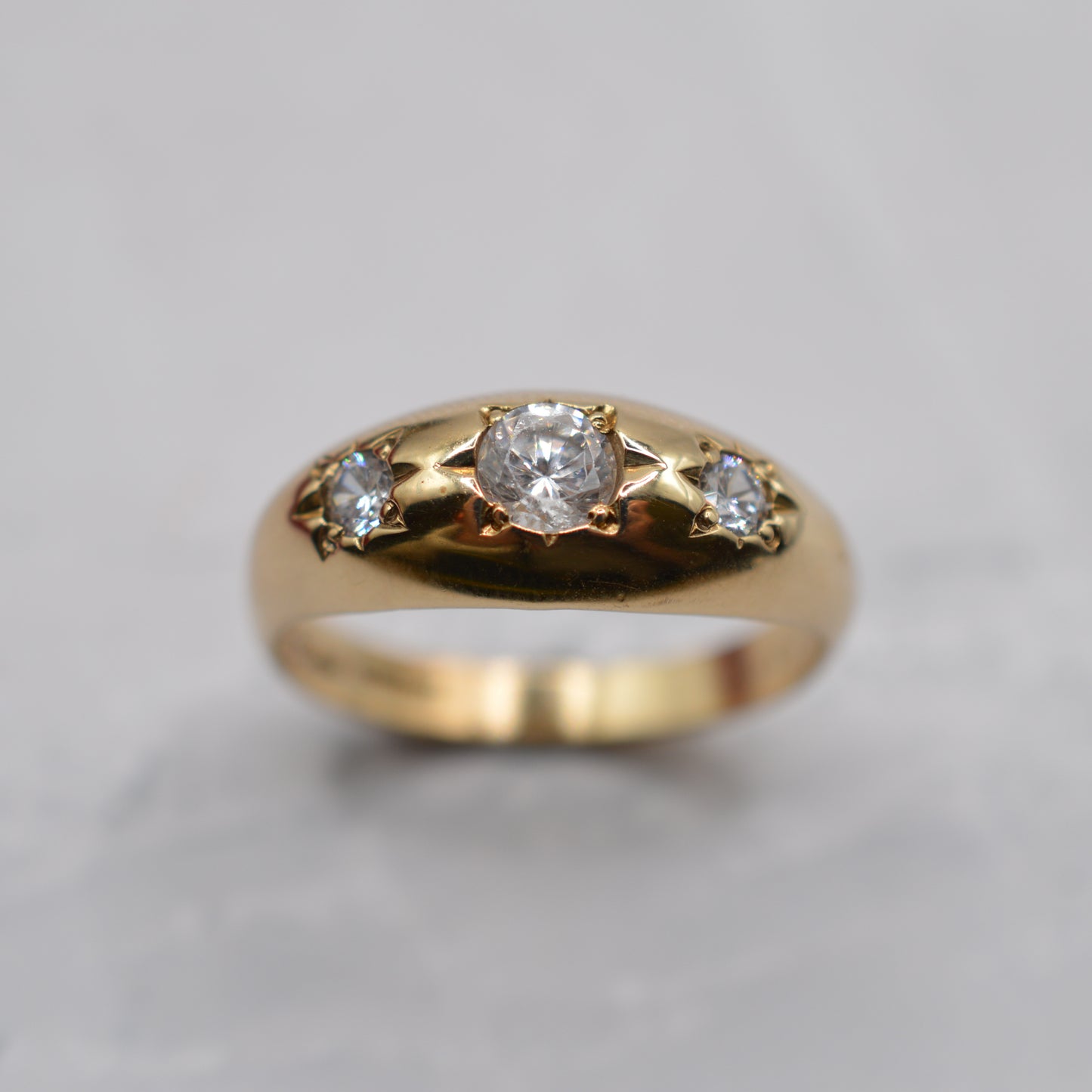 1990s Chunky 9ct Gold Cubic Zirconia Gypsy Trilogy Ring