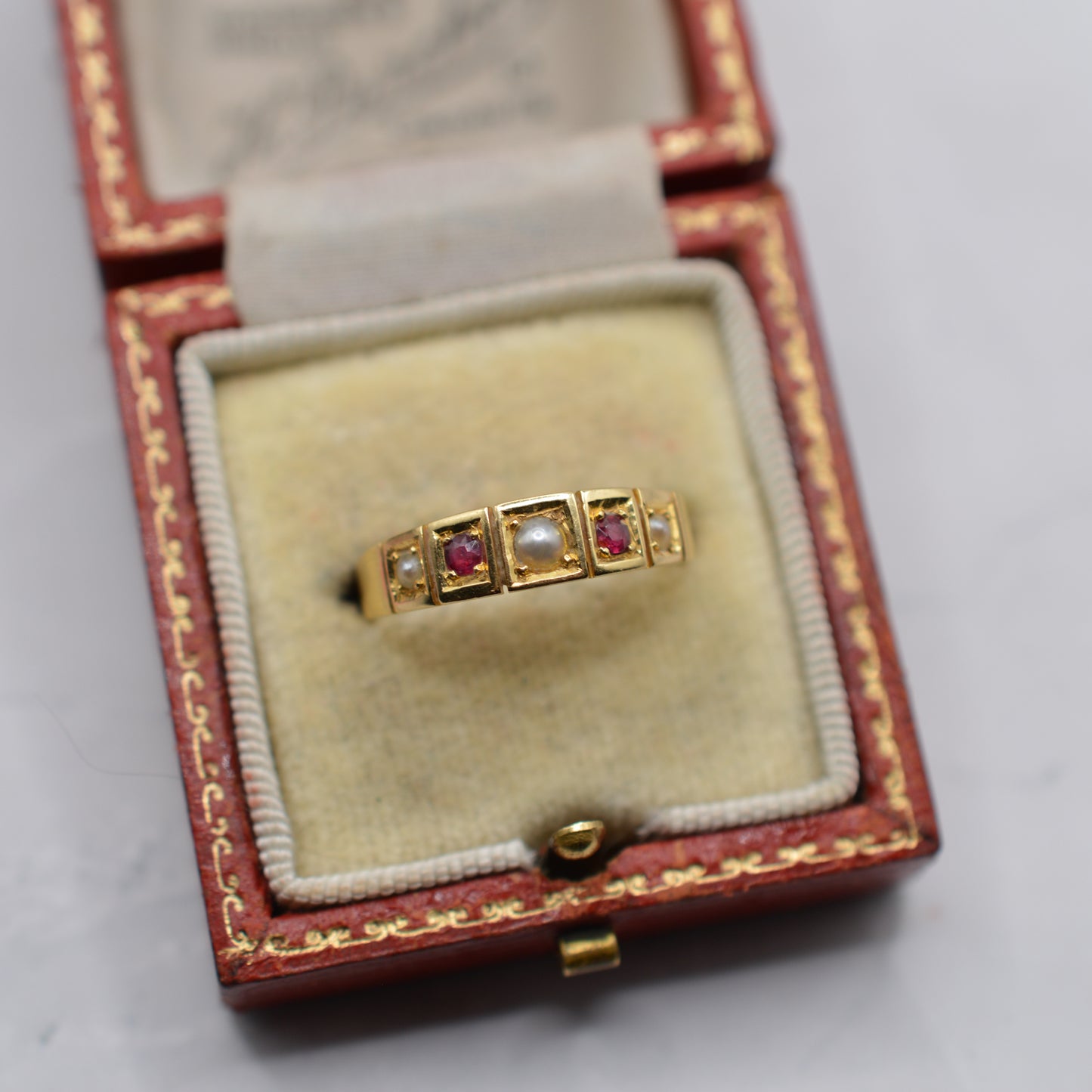 Antique 1897 18ct Gold Ruby & Pearl Five-Stone Ring