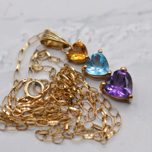 9ct Gold Heart Citrine, Topaz, and Amethyst Trilogy Pendant Necklace