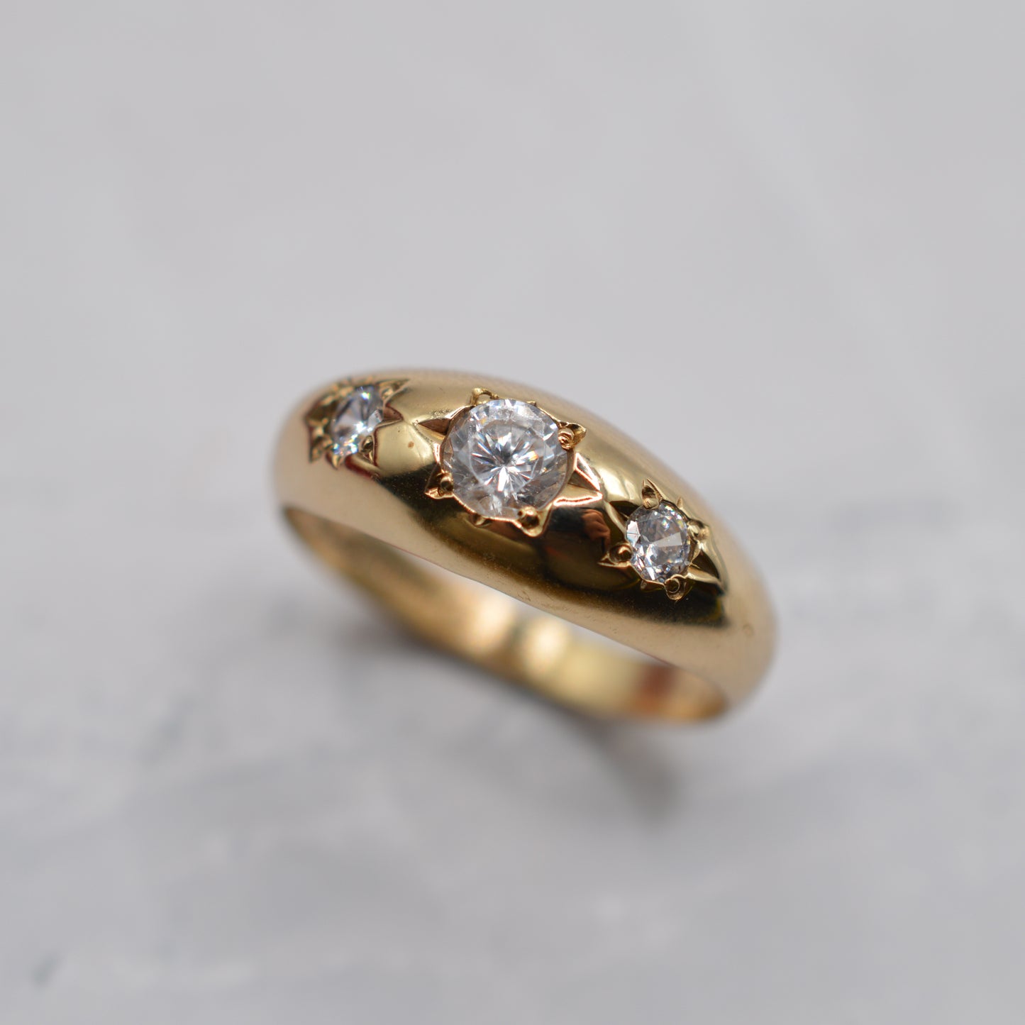 1990s Chunky 9ct Gold Cubic Zirconia Gypsy Trilogy Ring