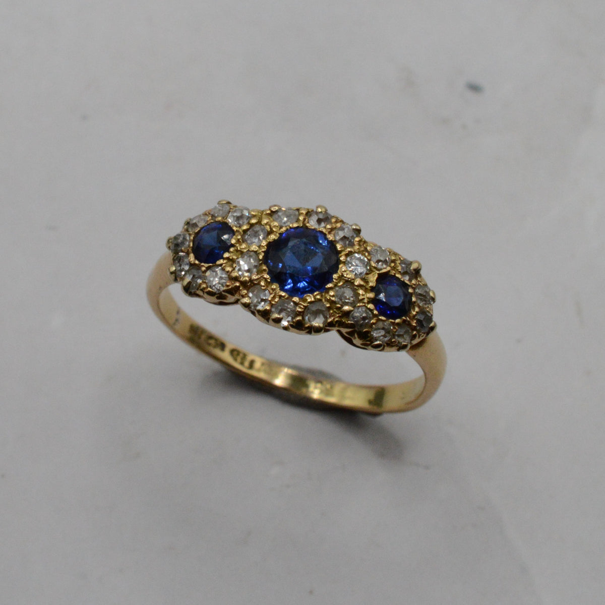 1906 Edwardian Antique 18ct Gold Sapphire & Diamond Trilogy Cluster Ring