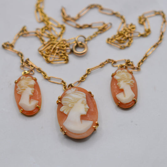 1980s Vintage 9ct Gold Triple Cameo Figaro Necklace