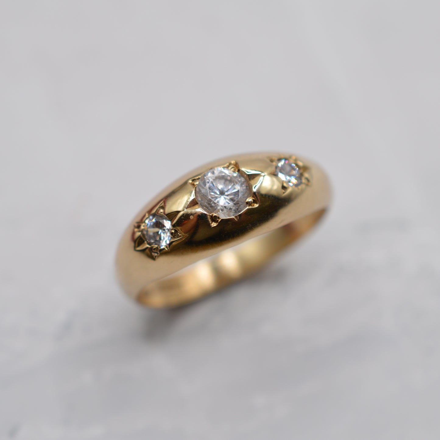 1990s Chunky 9ct Gold Cubic Zirconia Gypsy Trilogy Ring