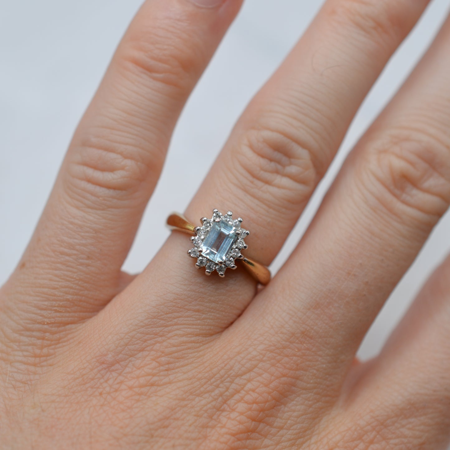 1990s 9ct Gold Aquamarine & Diamond Cluster Ring