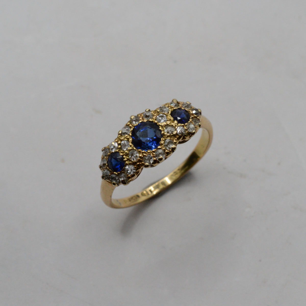 1906 Edwardian Antique 18ct Gold Sapphire & Diamond Trilogy Cluster Ring