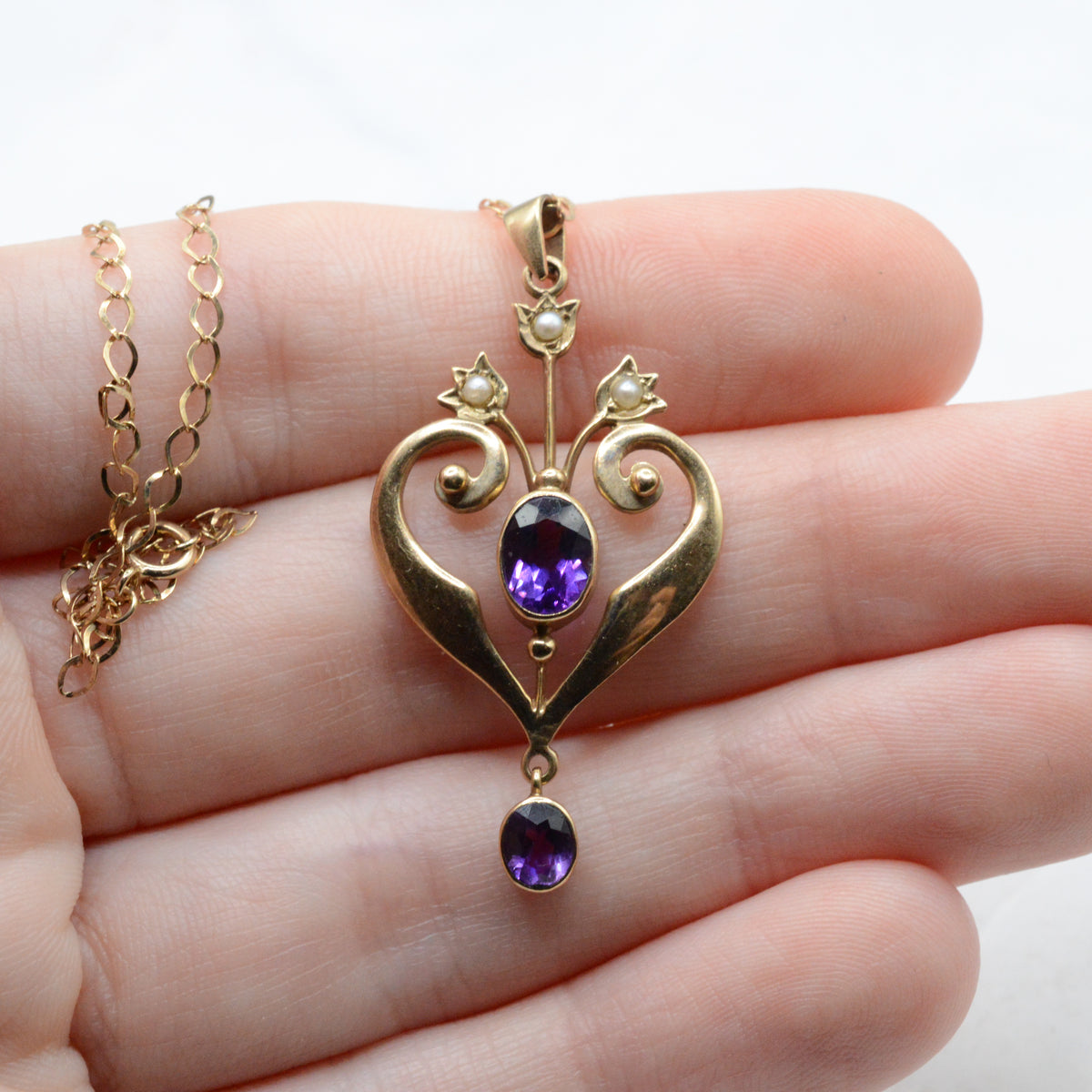 1990s 9ct Gold Amethyst & Pearl Lavalier Pendant Necklace (18")