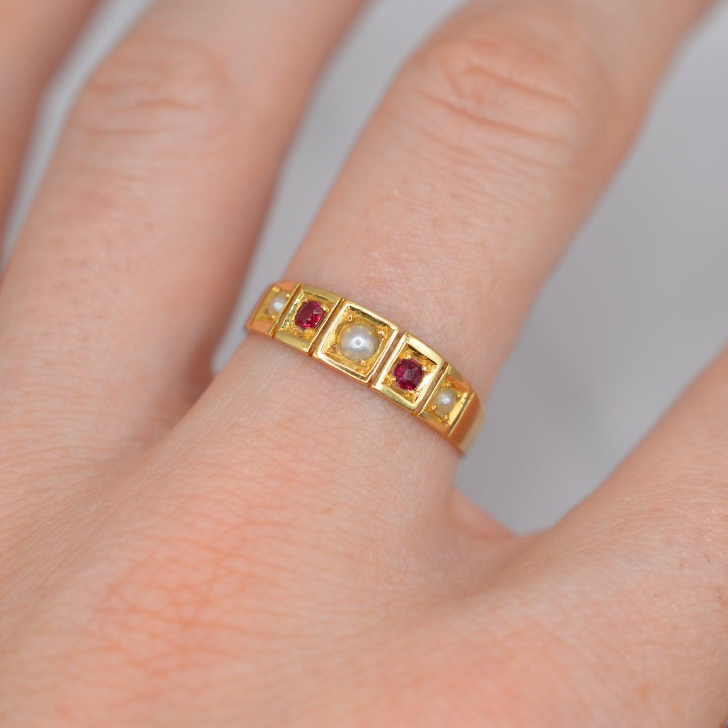 Antique 1897 18ct Gold Ruby & Pearl Five-Stone Ring