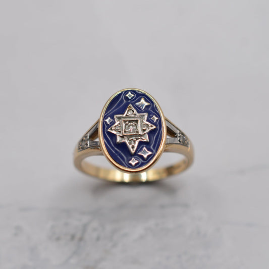 Y2K Millennium 9ct Gold Blue Enamel Star & Diamond Ring