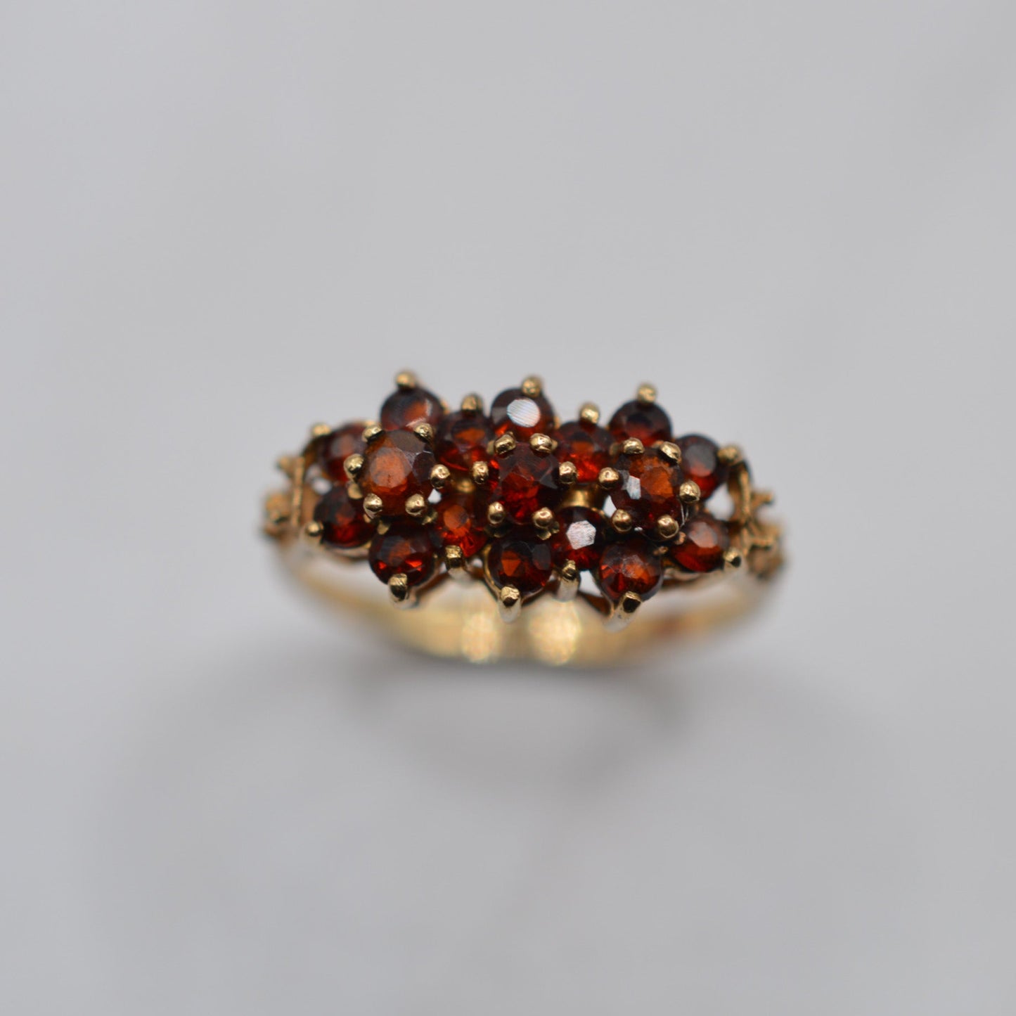 1970s Vintage 9ct Gold Garnet Triple Cluster Ring