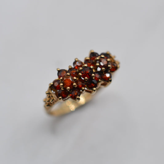 1970s Vintage 9ct Gold Garnet Triple Cluster Ring