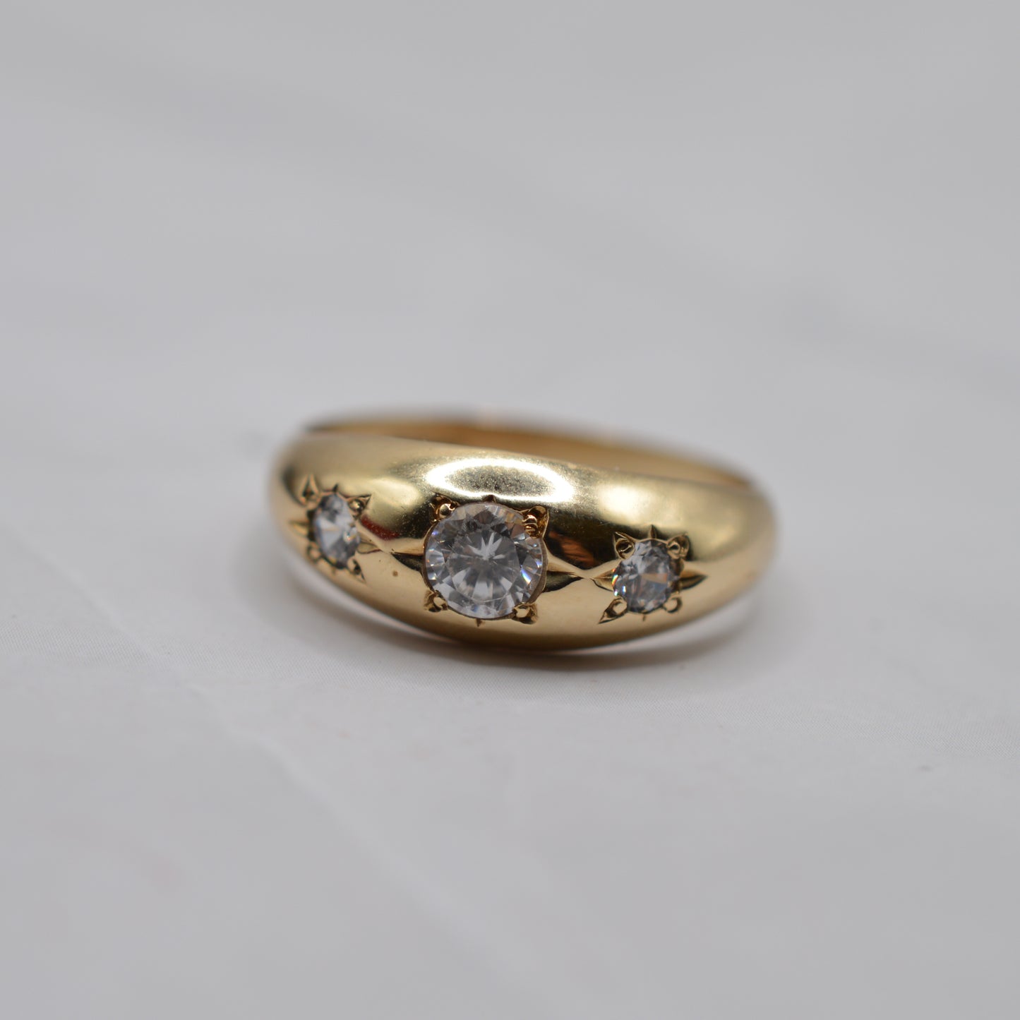 1990s Chunky 9ct Gold Cubic Zirconia Gypsy Trilogy Ring