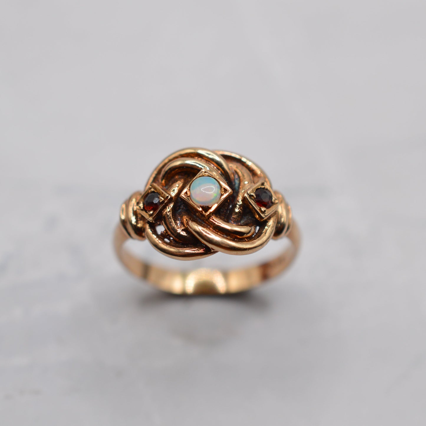 1970s Vintage Chunky 9ct Gold Opal & Garnet Knot Ring