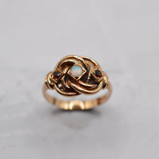 1970s Vintage Chunky 9ct Gold Opal & Garnet Knot Ring
