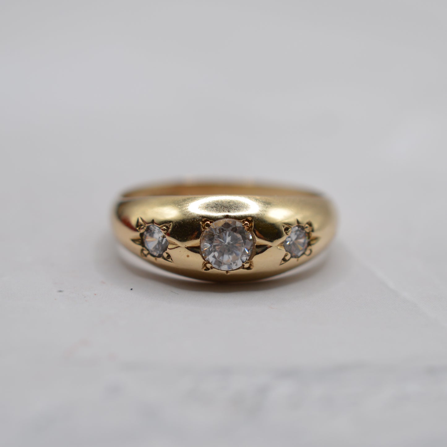 1990s Chunky 9ct Gold Cubic Zirconia Gypsy Trilogy Ring