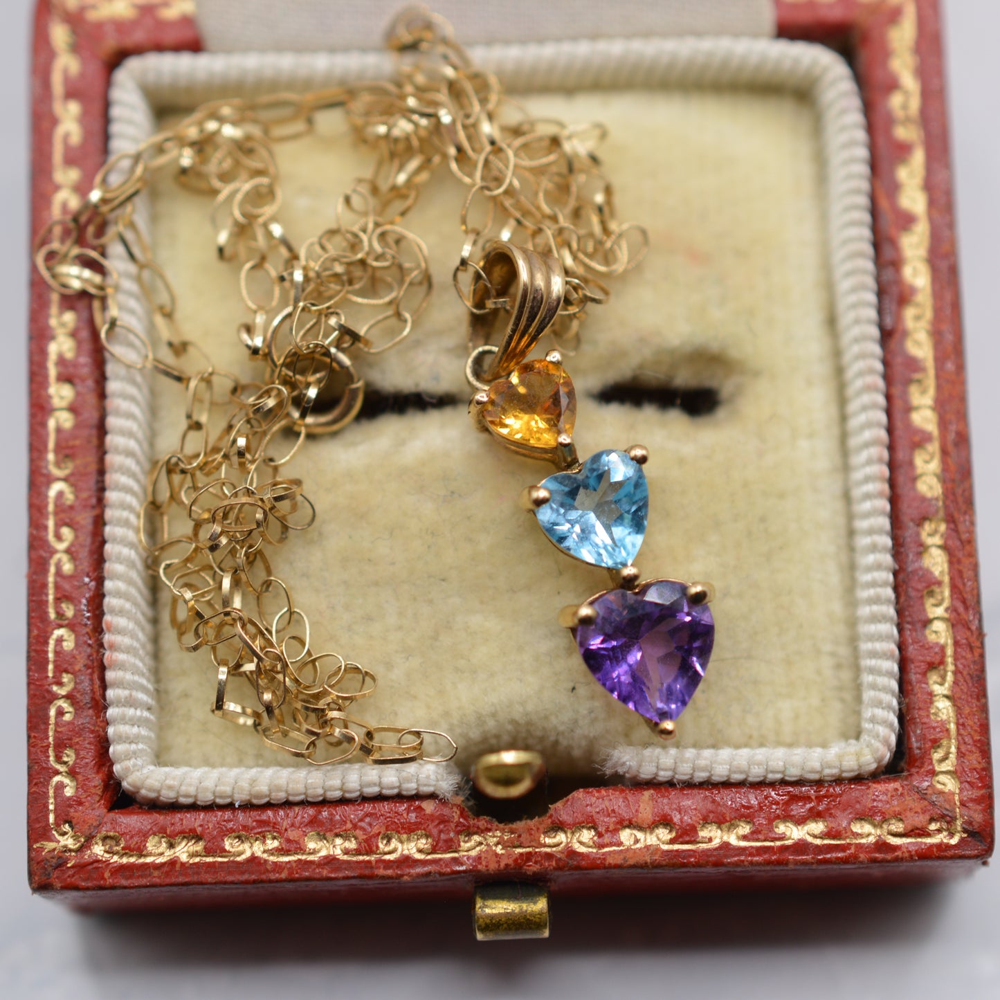 9ct Gold Heart Citrine, Topaz, and Amethyst Trilogy Pendant Necklace