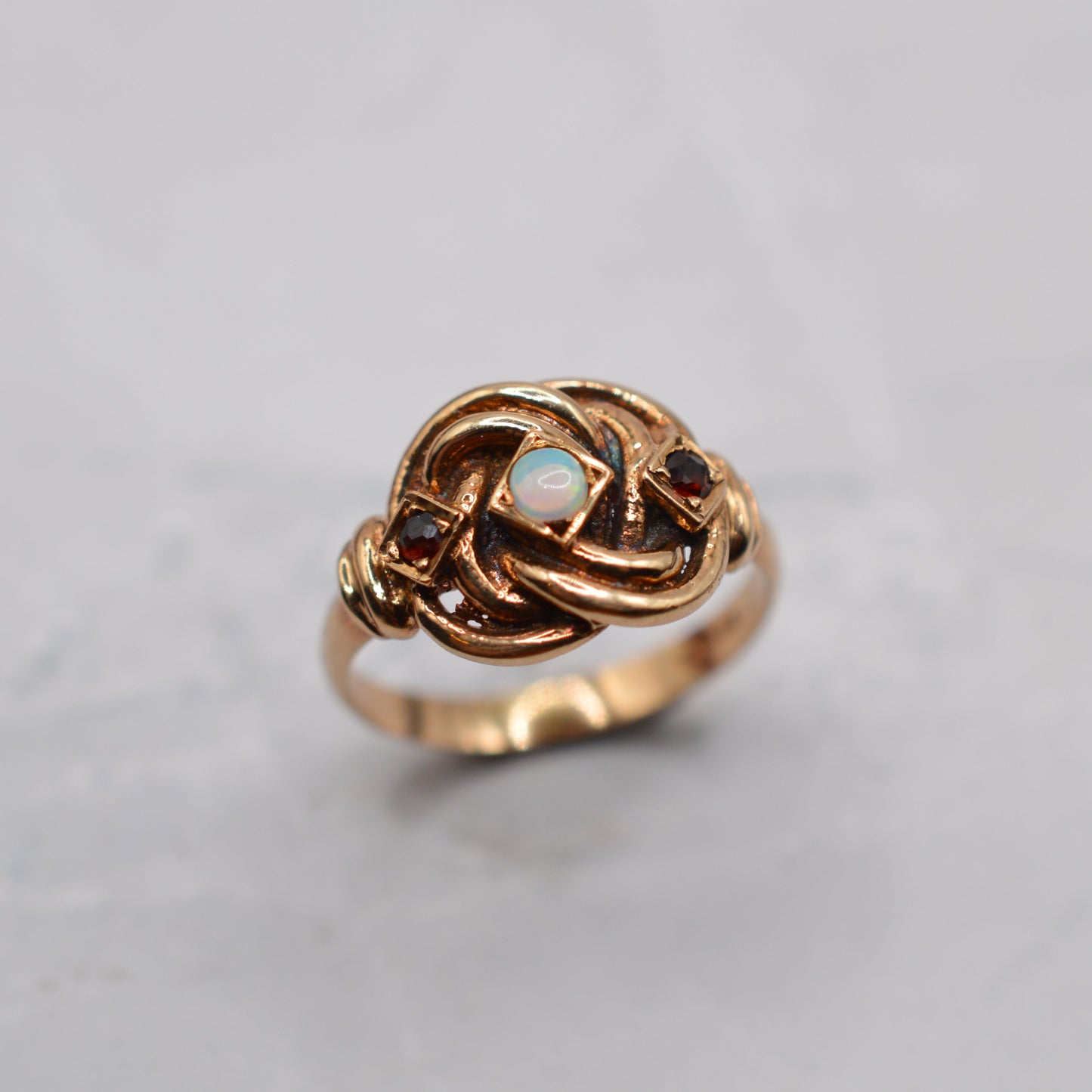 1970s Vintage Chunky 9ct Gold Opal & Garnet Knot Ring