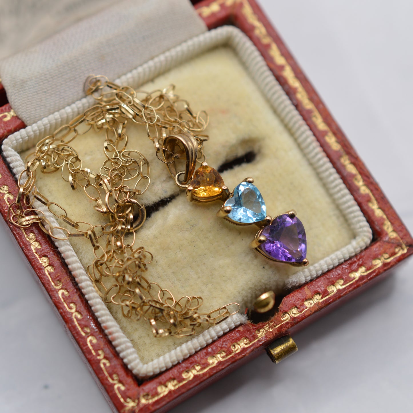 9ct Gold Heart Citrine, Topaz, and Amethyst Trilogy Pendant Necklace