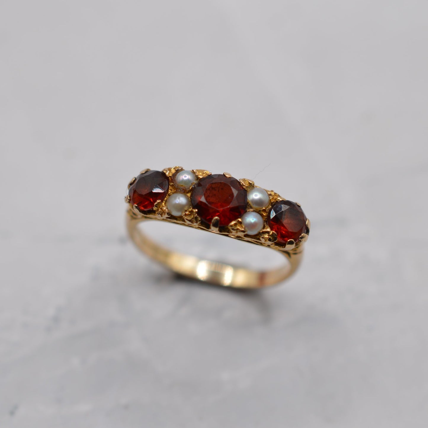 1960s Vintage 9ct Gold Garnet & Pearl Seven-Stone Ring