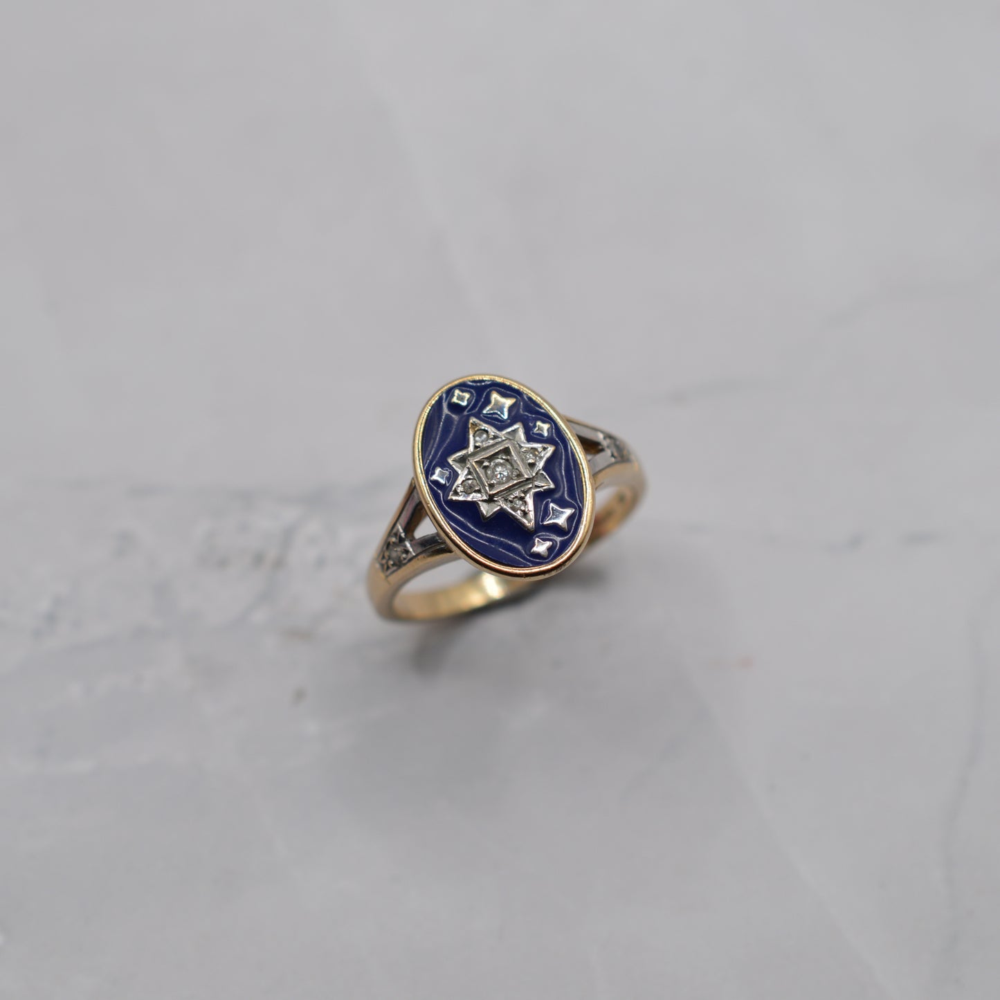 Y2K Millennium 9ct Gold Blue Enamel Star & Diamond Ring