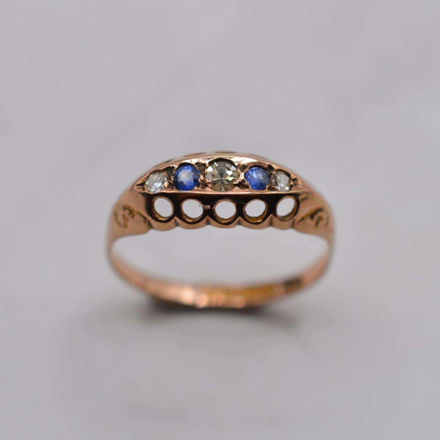 Antique 1919 9ct Rose Gold Sapphire & Diamond Ring