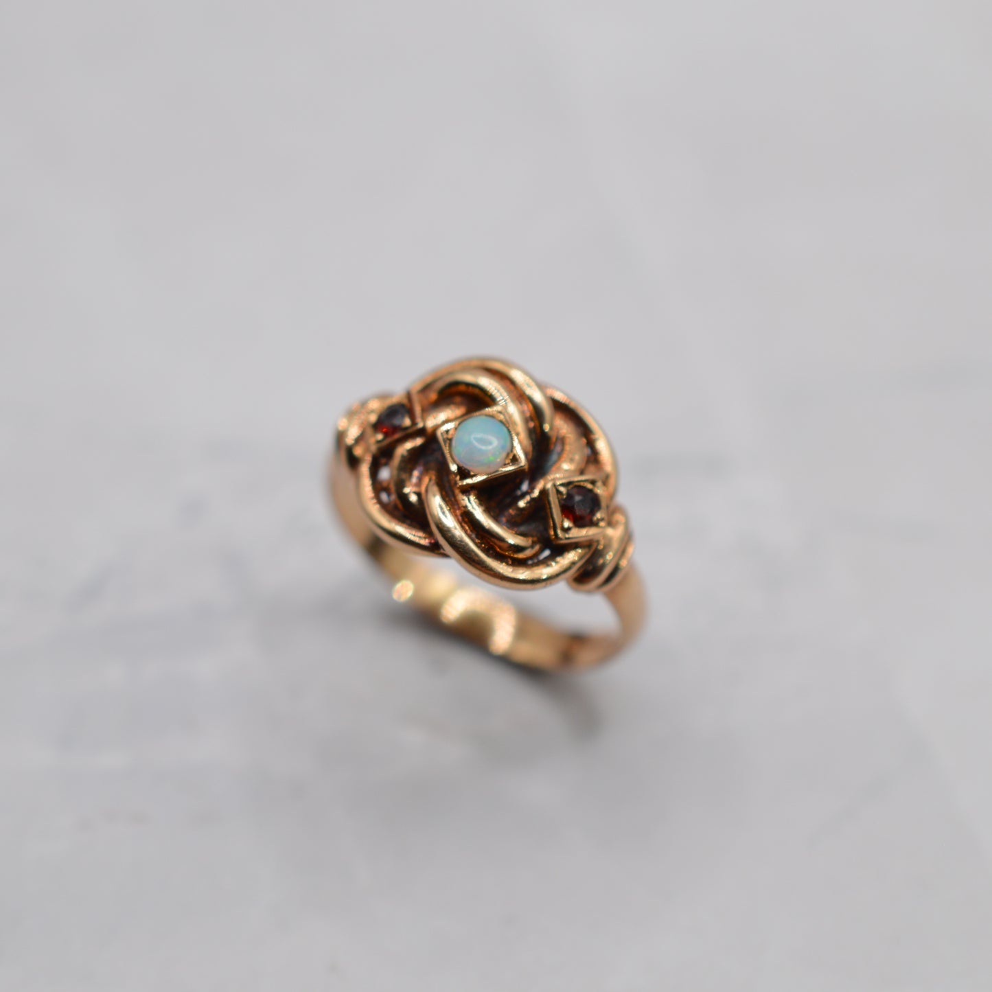 1970s Vintage Chunky 9ct Gold Opal & Garnet Knot Ring