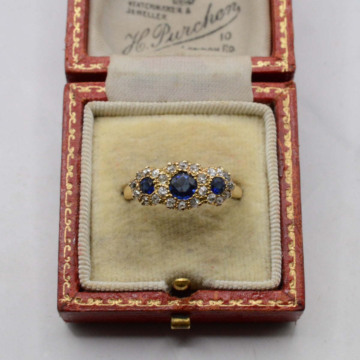 1906 Edwardian Antique 18ct Gold Sapphire & Diamond Trilogy Cluster Ring
