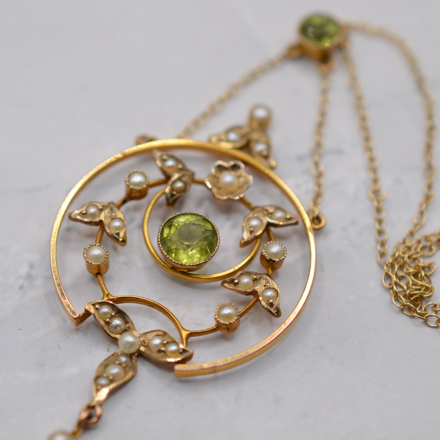 Antique Art Nouveau 9ct Gold Pearl & Peridot Lavalier Necklace (17”)