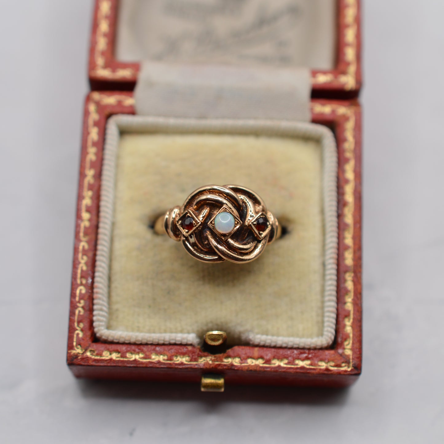 1970s Vintage Chunky 9ct Gold Opal & Garnet Knot Ring