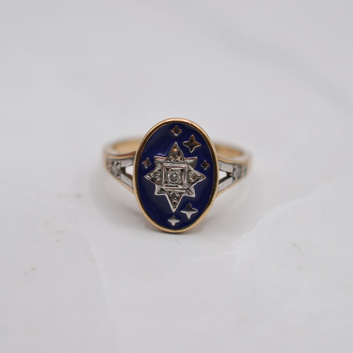 Y2K Millennium 9ct Gold Blue Enamel Star & Diamond Ring