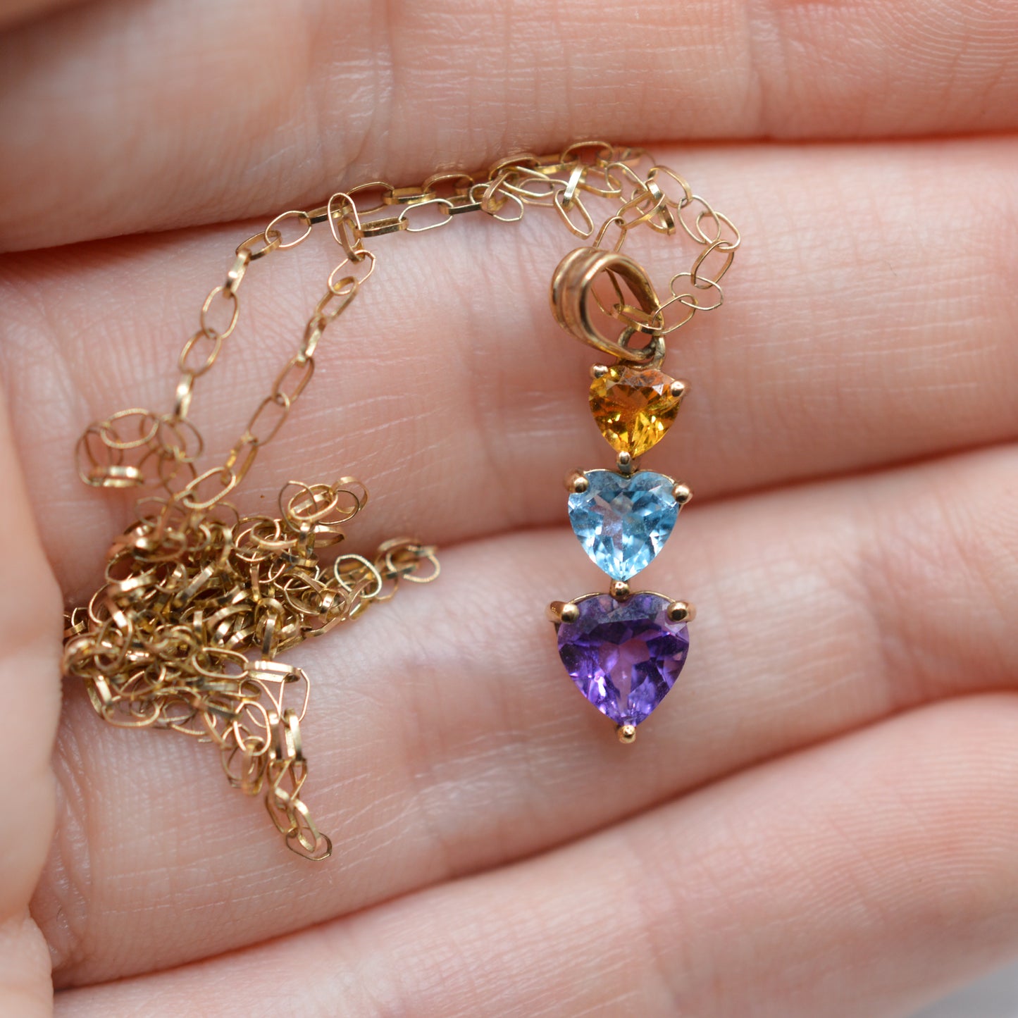 9ct Gold Heart Citrine, Topaz, and Amethyst Trilogy Pendant Necklace