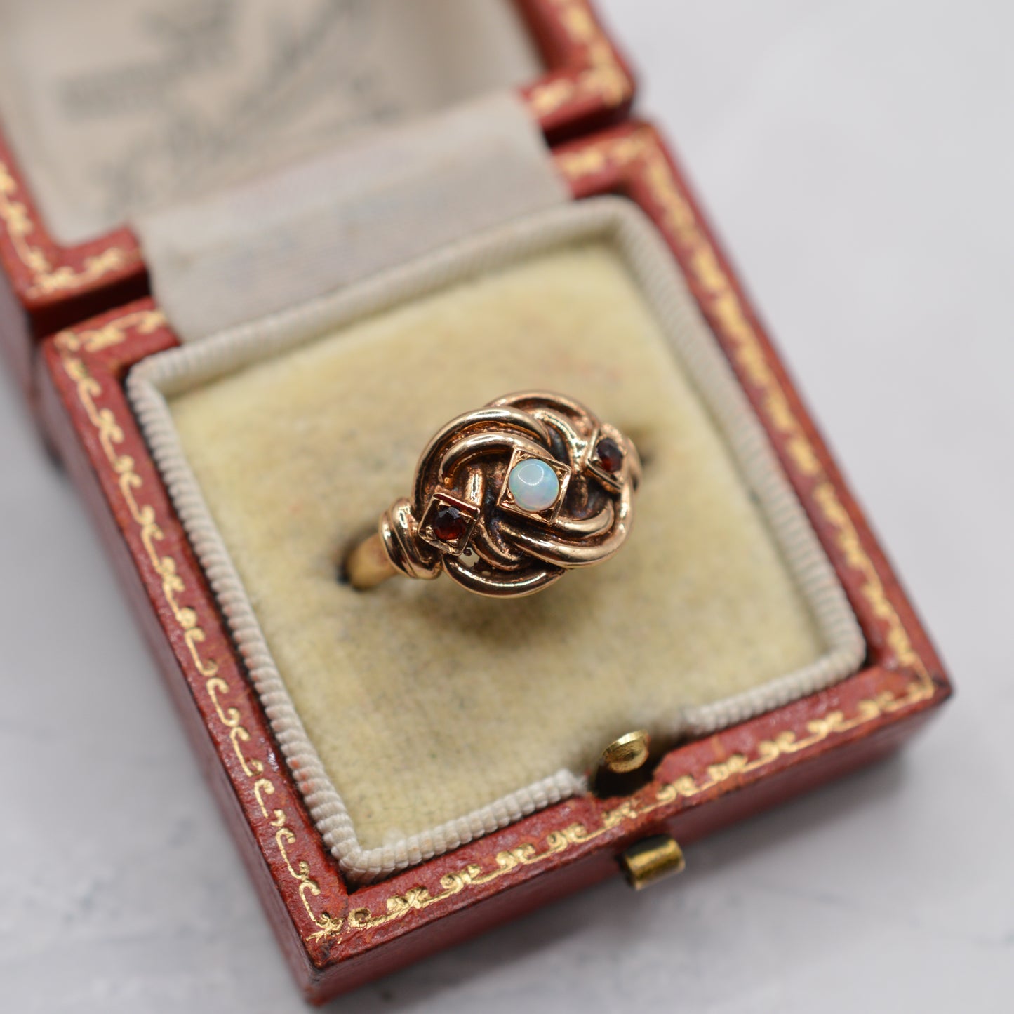 1970s Vintage Chunky 9ct Gold Opal & Garnet Knot Ring