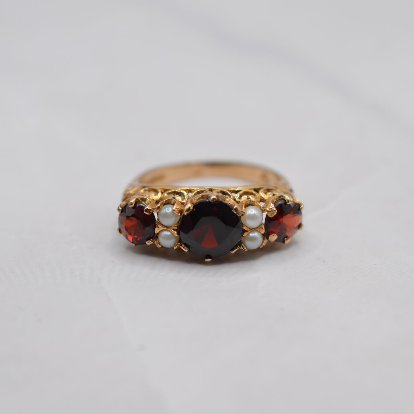 1960s Chunky Vintage 9ct Gold Garnet & Pearl Seven-Stone Ring