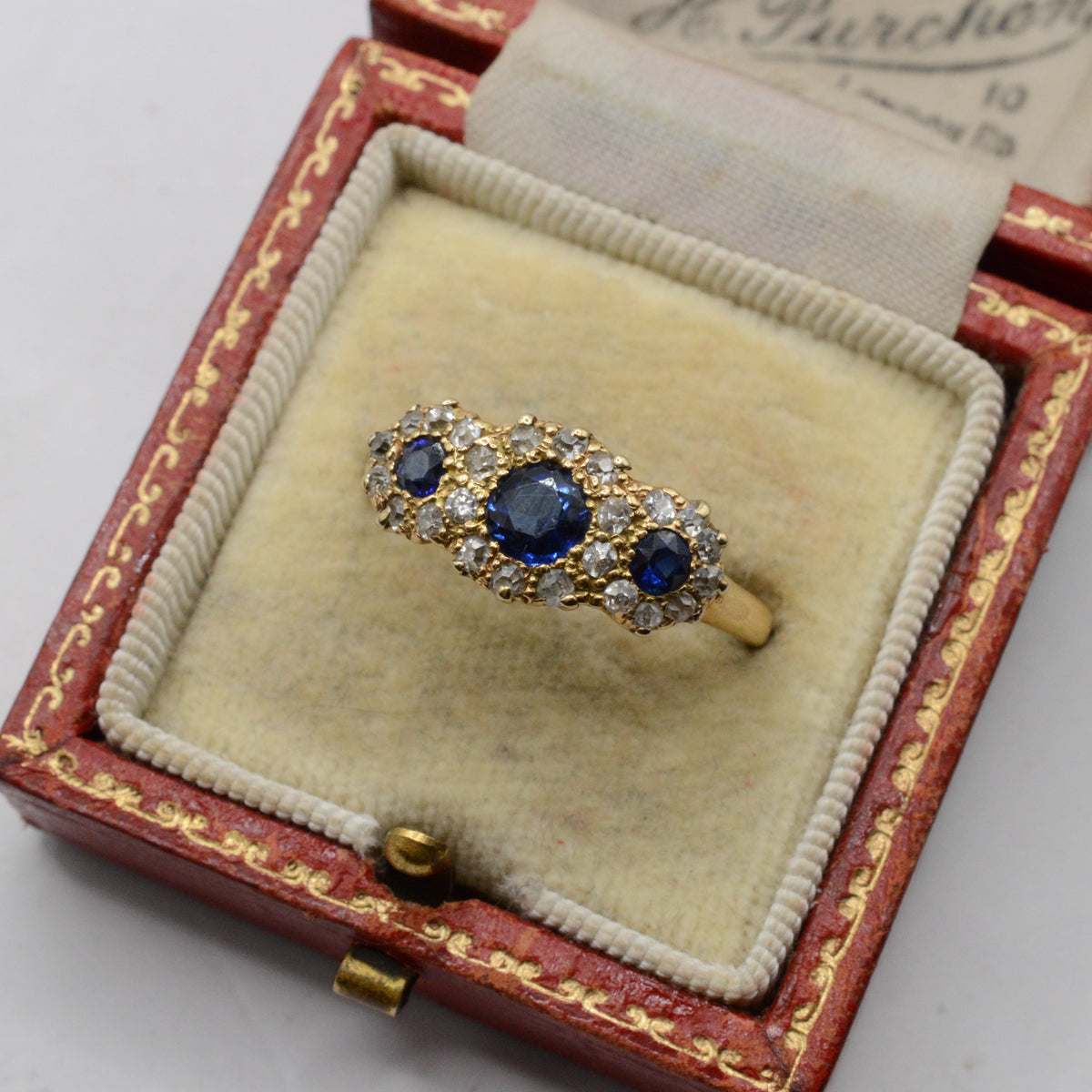 1906 Edwardian Antique 18ct Gold Sapphire & Diamond Trilogy Cluster Ring
