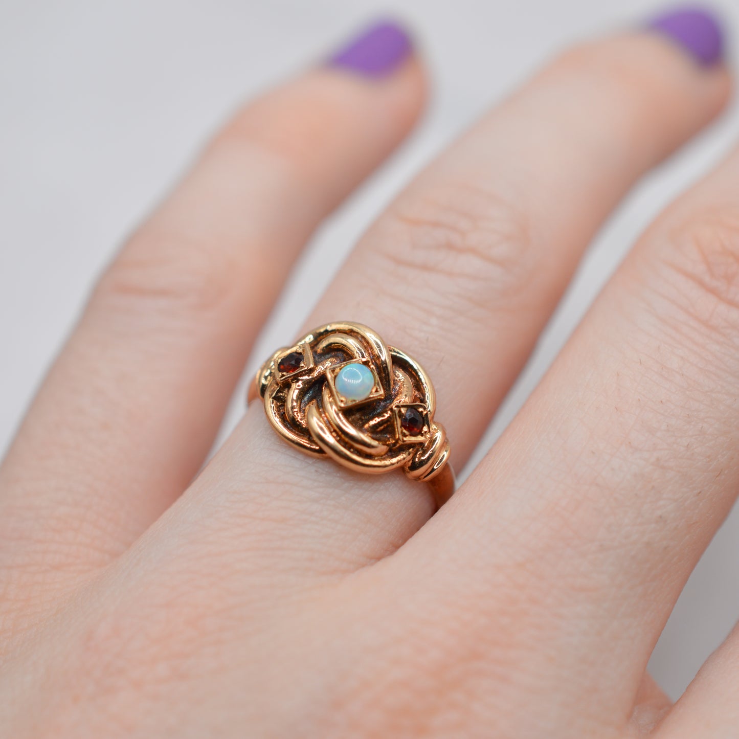 1970s Vintage Chunky 9ct Gold Opal & Garnet Knot Ring