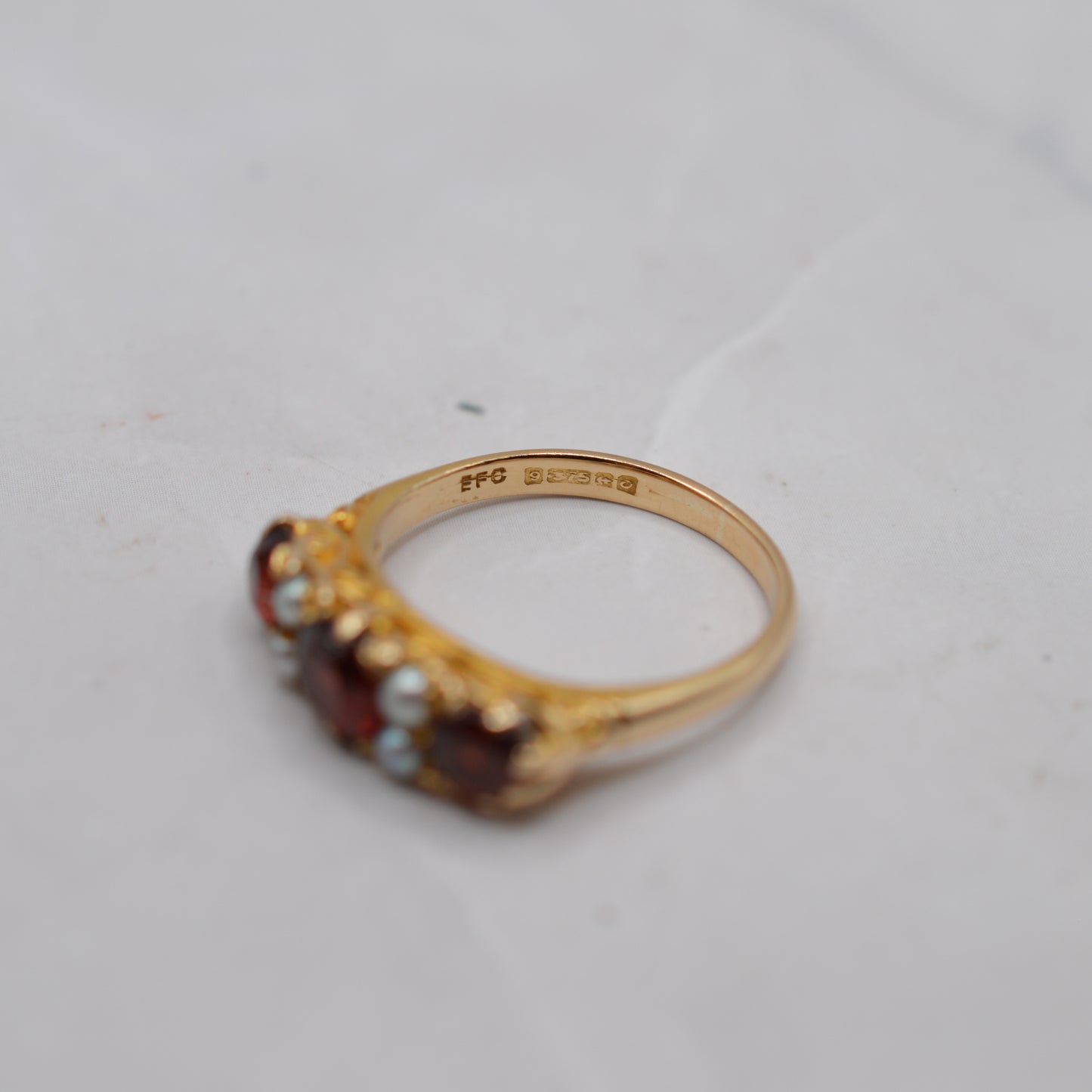 1960s Vintage 9ct Gold Garnet & Pearl Seven-Stone Ring
