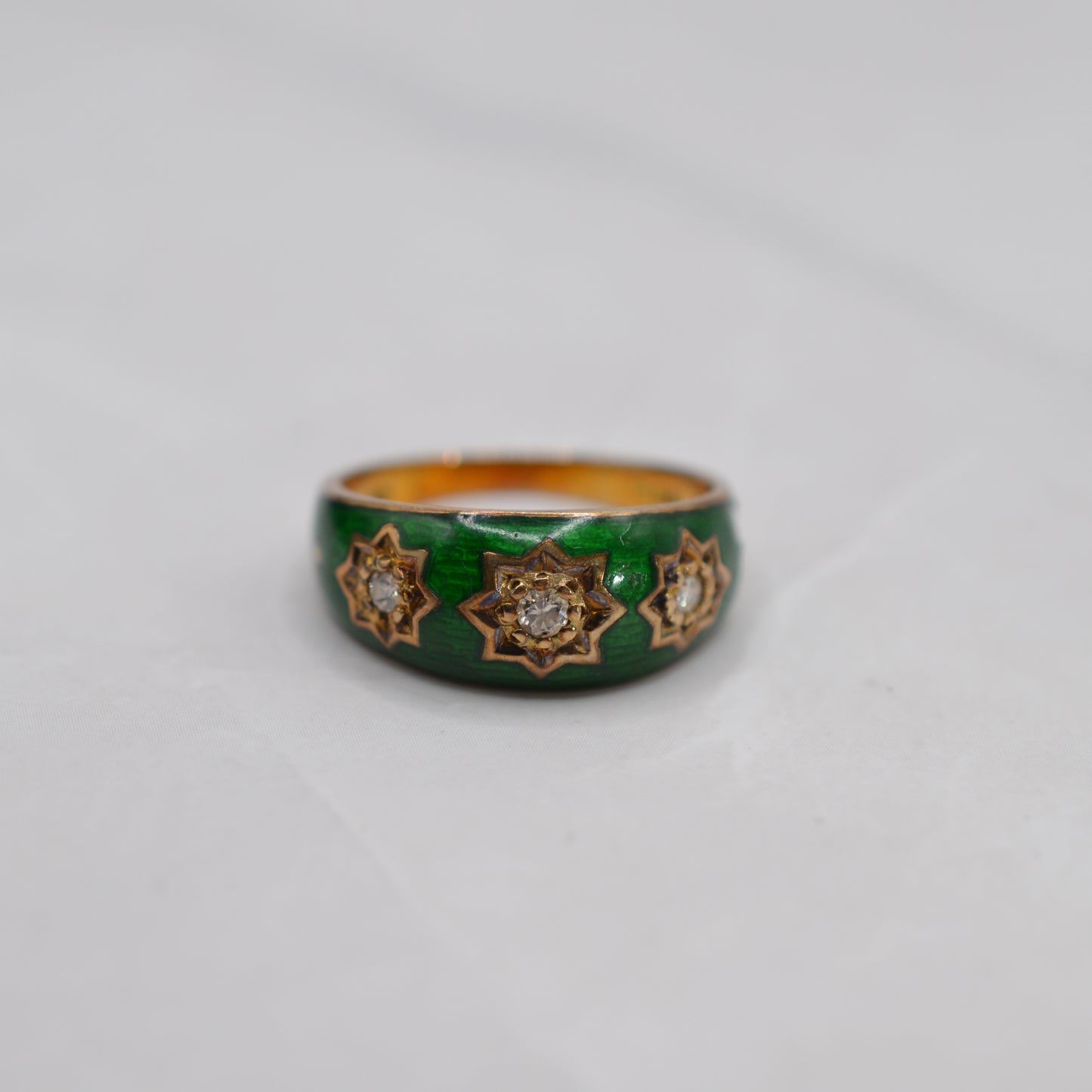 1970s Chunky Vintage 9ct Gold Enamel Diamond Gypsy Ring