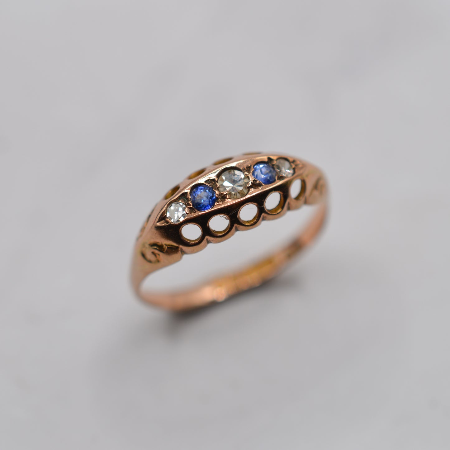 Antique 1919 9ct Rose Gold Sapphire & Diamond Ring