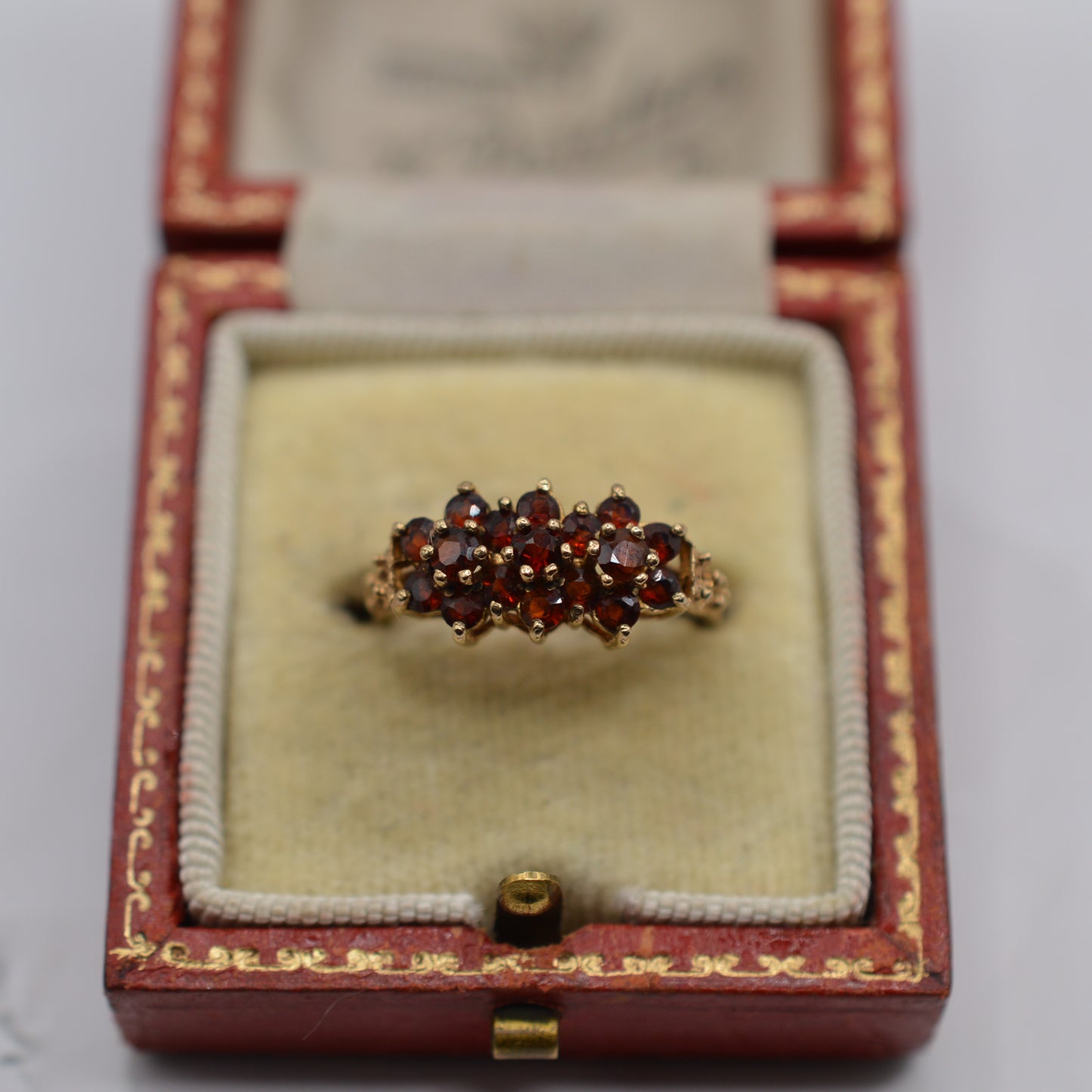 1970s Vintage 9ct Gold Garnet Triple Cluster Ring