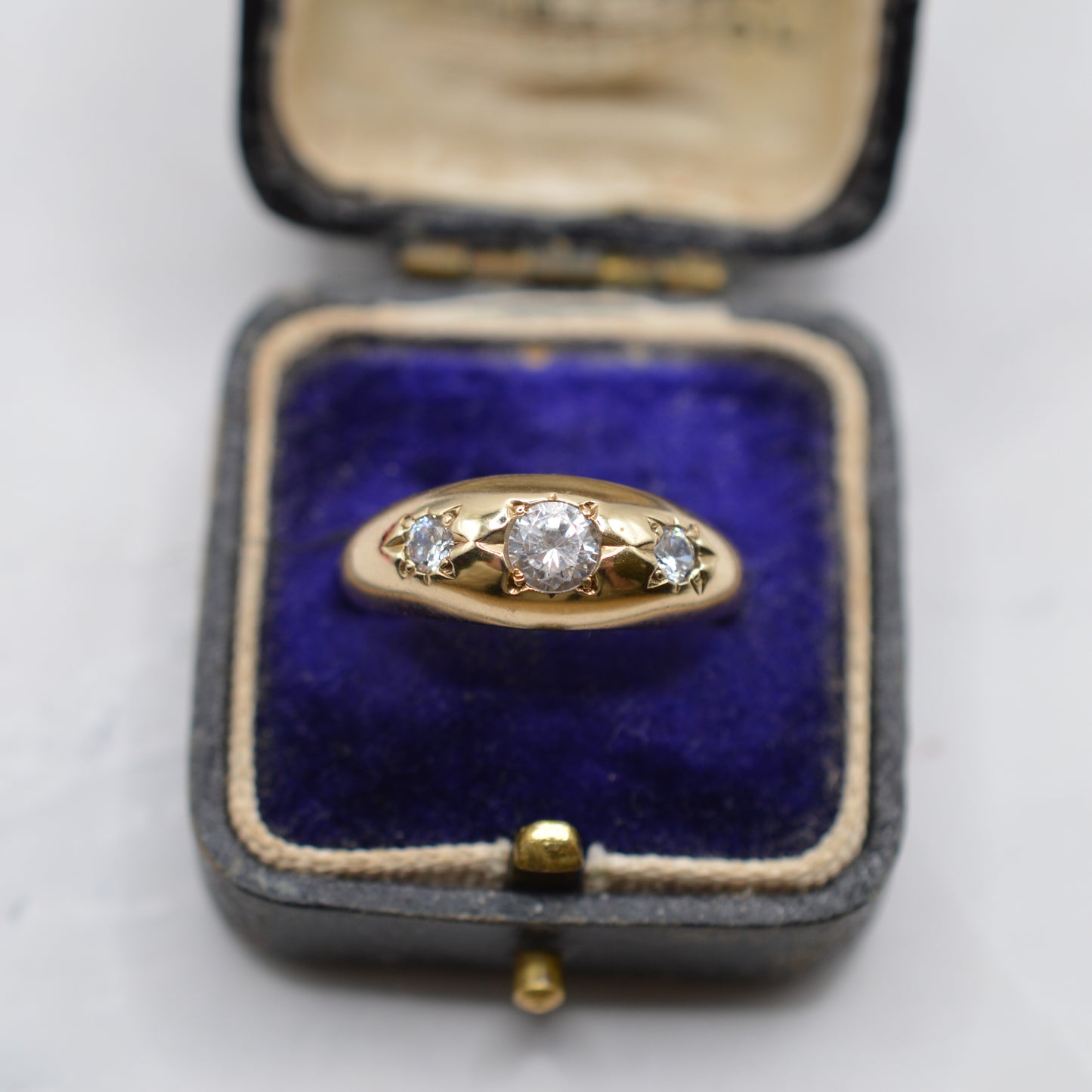 1990s Chunky 9ct Gold Cubic Zirconia Gypsy Trilogy Ring