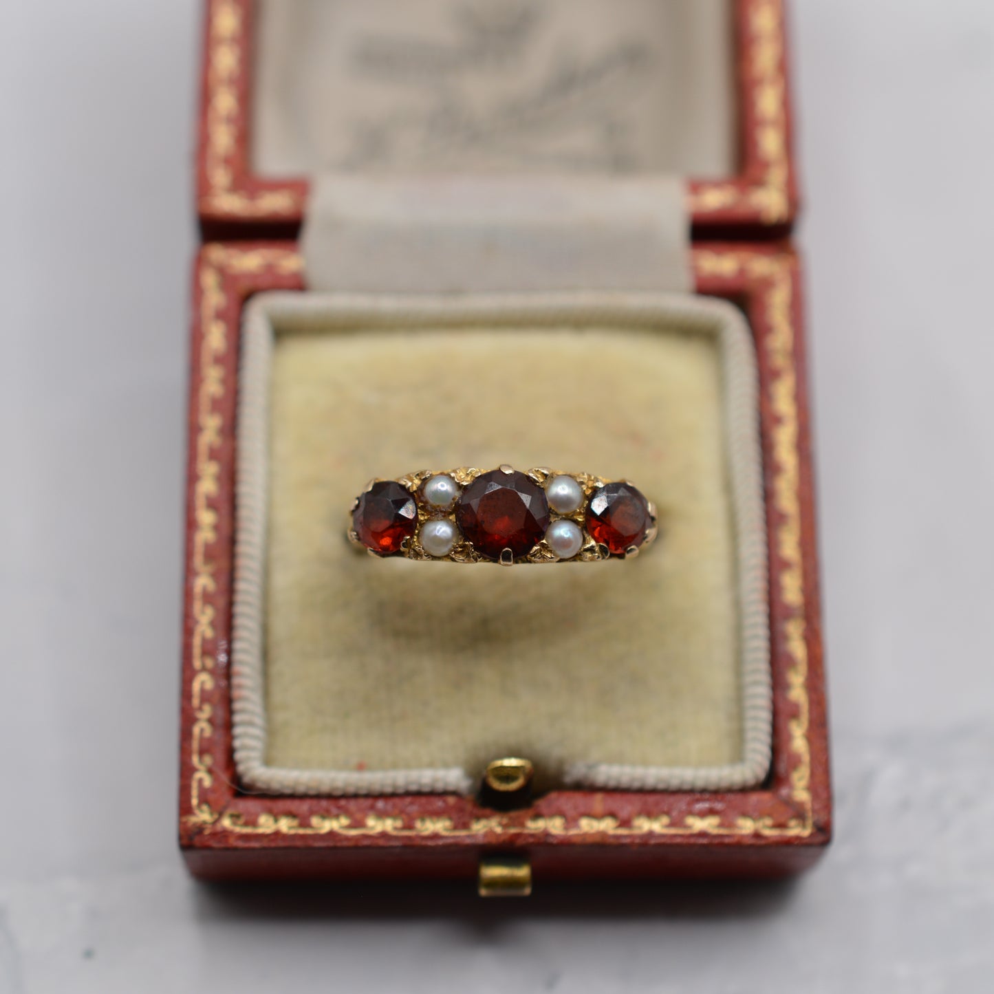 1960s Vintage 9ct Gold Garnet & Pearl Seven-Stone Ring